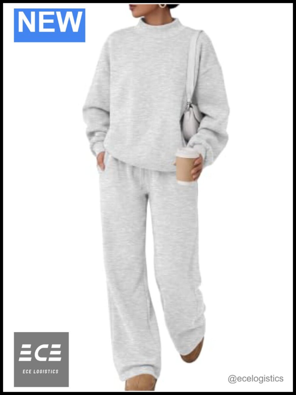Women's Mock Neck 2 Piece Sweat Set Cotton Blend Wide Leg Sweatsuit